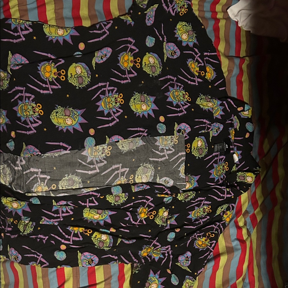 H&M Black Dress Shirt with Colorful Cartoon Print Rick and Morty.